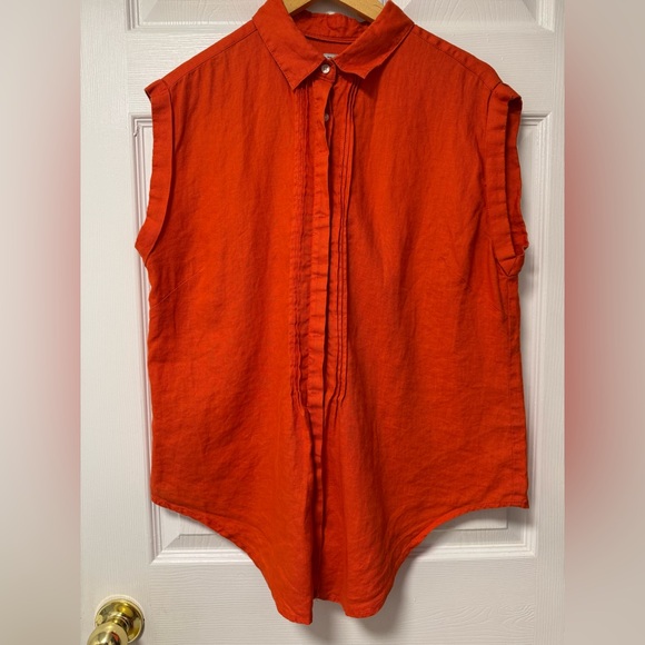 Tristan Tops - Tristan  orange sleeveless linen button down women’s shirt, size XL